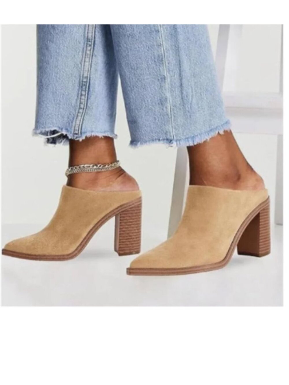 Size 6.5 Mules Pointed Toe Slip on Shoes, block high heel, camel FOWT